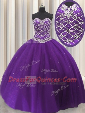 Romantic Eggplant Purple Sleeveless Floor Length Beading and Sequins Lace Up Quince Ball Gowns