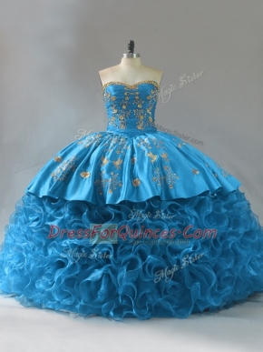 New Style Blue Quinceanera Dress Fabric With Rolling Flowers Brush Train Sleeveless Embroidery and Ruffles