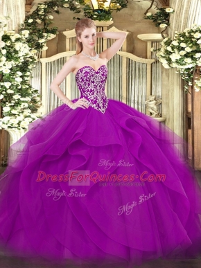 Modest Floor Length Fuchsia Vestidos de Quinceanera Tulle Sleeveless Beading and Ruffles