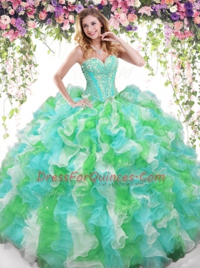 Pretty Floor Length Lace Up 15th Birthday Dress Multi-color for Military Ball and Sweet 16 and Quinceanera with Beading and Ruffles
