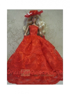 Red Handmade Pretty Dress With Embroidery Made to Fit the Barbie Doll