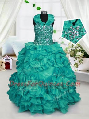 Amazing Turquoise Ball Gowns Taffeta Halter Top Sleeveless Beading and Ruffles Floor Length Zipper Girls Pageant Dresses