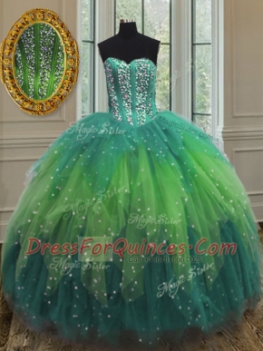 Captivating Tulle Sweetheart Sleeveless Lace Up Beading and Ruffles and Sequins 15th Birthday Dress in Multi-color