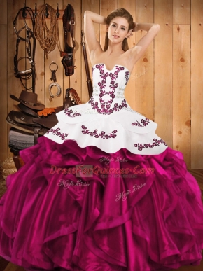 Simple Fuchsia Strapless Neckline Embroidery and Ruffles Quinceanera Dress Sleeveless Lace Up
