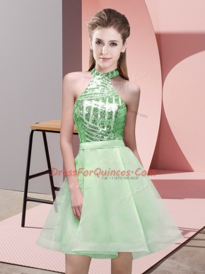 Comfortable Mini Length Apple Green Dama Dress for Quinceanera Chiffon Sleeveless Sequins