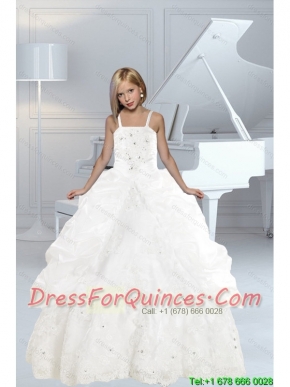 Appliques and Ruffles White delicate Little Girl Pageant Dress with Spaghetti Straps