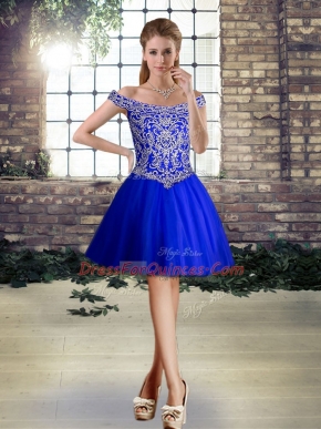 High Class Mini Length Royal Blue Prom Dress Tulle Sleeveless Beading