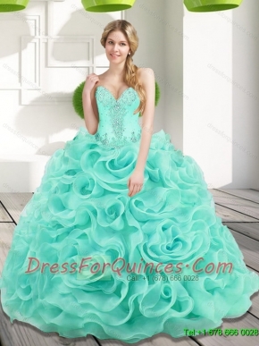 Custom Made Beading and Rolling Flowers 2015 Sweet 15 Dresses in Aqua Blue
