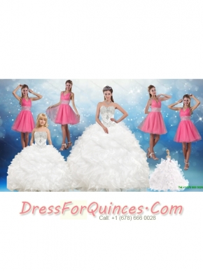 White Sweetheart Ruffles Quinceanera Dress and Sequins V Neck Pink Dama Dresses and Beading White Little Girl Dress