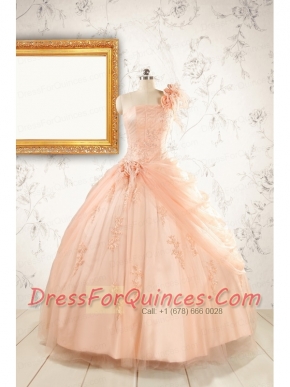 2015 Pretty One Shoulder Appliques Quinceanera Dress in Peach