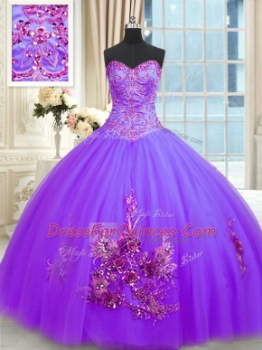 Sleeveless Tulle Floor Length Lace Up 15th Birthday Dress in Purple with Beading and Appliques and Embroidery