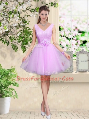 On Sale V-neck Sleeveless Lace Up Quinceanera Dama Dress Lilac Tulle