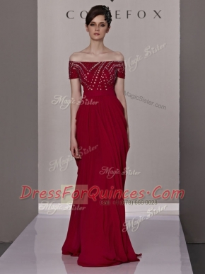 Off the Shoulder Chiffon Short Sleeves Floor Length Dress for Prom and Beading and Ruching
