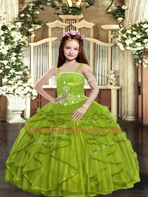 Olive Green Straps Neckline Beading and Ruffles Kids Pageant Dress Sleeveless Lace Up