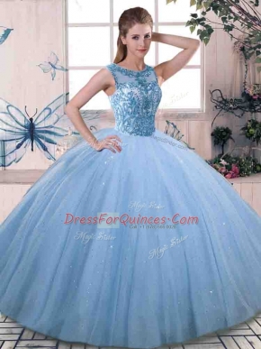 Classical Blue Tulle Lace Up Scoop Sleeveless Floor Length Quince Ball Gowns Beading