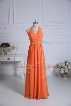 Traditional Orange Sleeveless Floor Length Ruching Zipper Dama Dress for Quinceanera