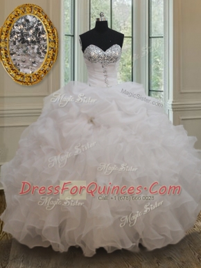 New Style Organza Sweetheart Sleeveless Lace Up Beading and Ruffles and Sequins Quince Ball Gowns in White