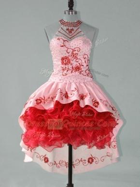 Lovely Satin and Organza Halter Top Sleeveless Lace Up Embroidery and Ruffles Prom Dresses in Red and Pink