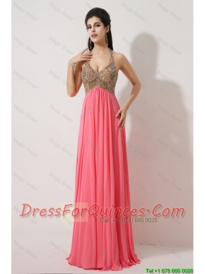 Gorgeous Halter Top Brush Train Prom Dresses in Watermelon Red