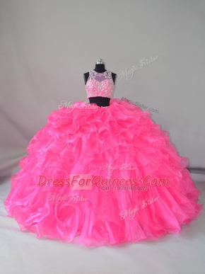 Superior Beading and Ruffles Quinceanera Dress Hot Pink Zipper Sleeveless Court Train