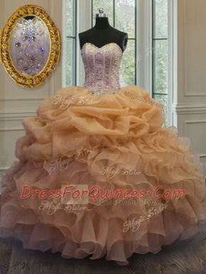 Dynamic Sleeveless Floor Length Beading and Pick Ups Lace Up Quince Ball Gowns with Gold