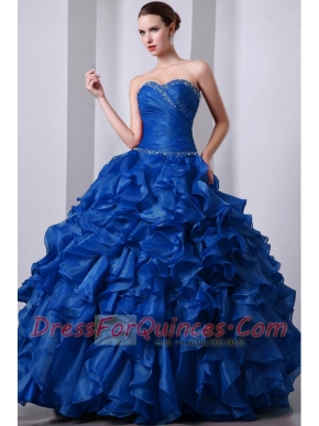 Blue A-Line / Princess Sweetheart Quinceanea Dress with  Organza Beading and Rufffles