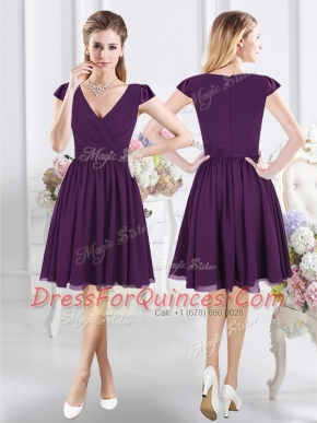 Top Selling Cap Sleeves Knee Length Zipper Vestidos de Damas Purple for Prom and Party with Ruching