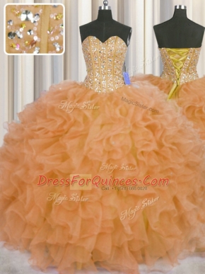 Visible Boning Orange Ball Gowns Organza Sweetheart Sleeveless Beading and Ruffles and Sashes ribbons Floor Length Lace Up Ball Gown Prom Dress