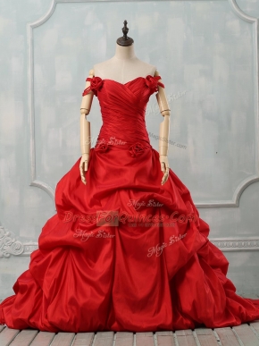 Pretty Red Sleeveless Taffeta Court Train Lace Up Quinceanera Gowns for Sweet 16 and Quinceanera