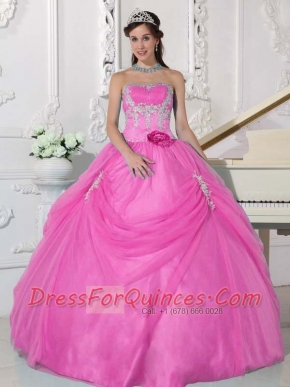 Pink Ball Gown Strapless Quinceanera Dress with Taffeta and Organza Appliques and Hand Made Flower