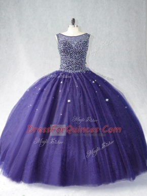 Cute Purple Tulle Zipper Scoop Sleeveless Floor Length Quinceanera Gowns Beading