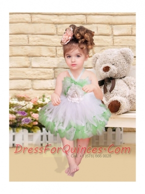 Fashionable Hand Made Flowers and Ruffles Tulle Little Girl Dress with Halter