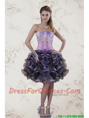 Cheap Strapless Multi Color Prom Dresses with Ruffles and Appliqeues