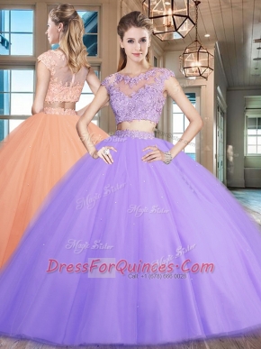 Colorful Lavender Two Pieces Tulle Scoop Cap Sleeves Beading and Appliques Floor Length Zipper Quinceanera Dress