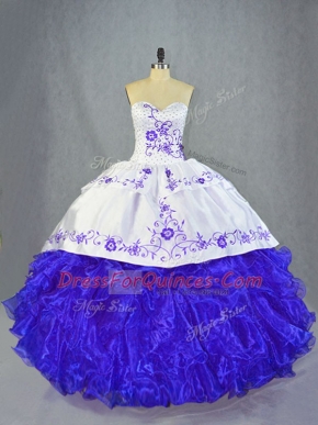 Blue And White Ball Gowns Halter Top Sleeveless Organza Brush Train Lace Up Beading and Embroidery and Ruffles Sweet 16 Dresses