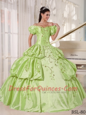 Elegant Apple Blue Off The Shoulder   Ruching Taffeta Embroidery Ball Gown Dress