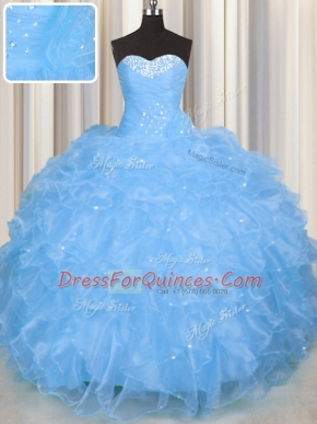 Enchanting Baby Blue Lace Up Sweetheart Beading and Ruffles Sweet 16 Dress Organza Sleeveless