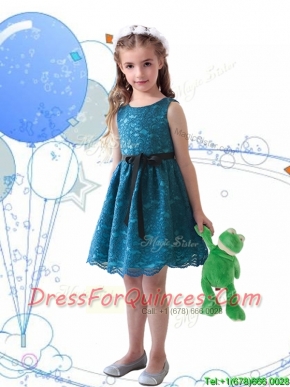 Wonderful Laced and Sashed Scoop Mini Quinceanera Dress in Teal