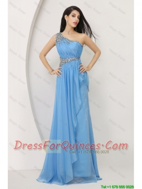 Discount Beaded Baby Blue Prom Dresses with One Shoulder