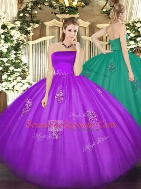 Custom Fit Strapless Sleeveless Sweet 16 Quinceanera Dress Floor Length Appliques Eggplant Purple Tulle