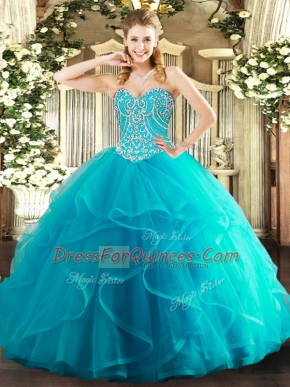 Chic Teal 15th Birthday Dress Military Ball and Sweet 16 and Quinceanera with Beading and Ruffles Sweetheart Sleeveless Lace Up