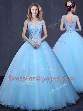 Comfortable Floor Length Ball Gowns Sleeveless Light Blue 15 Quinceanera Dress Lace Up