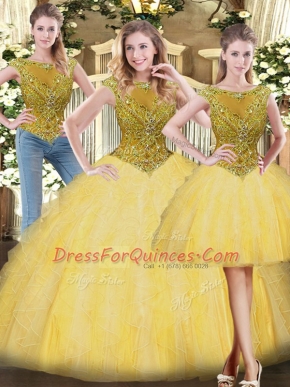 Suitable Scoop Sleeveless Vestidos de Quinceanera Floor Length Beading and Ruffles Gold Tulle