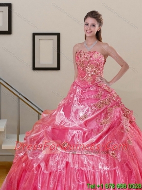 New Styles Watermelon 2015 Quinceanera Dress with Appliques and Pick Ups