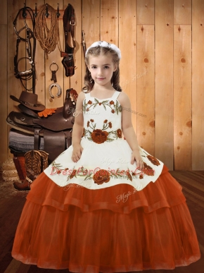 Rust Red Sleeveless Floor Length Embroidery and Ruffled Layers Lace Up Girls Pageant Dresses