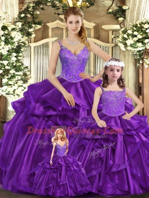 Superior Floor Length Purple Ball Gown Prom Dress Organza Sleeveless Beading and Ruffles