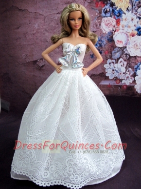 Elegant White Gown With White Lace and Bowknot Made To Fit The Barbie Doll