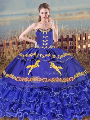 Sweetheart Sleeveless Sweet 16 Dress Brush Train Embroidery and Ruffled Layers Blue Organza