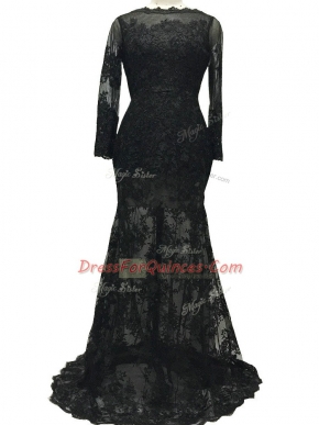 Delicate Black Long Sleeves Brush Train Lace and Belt Dress for Prom