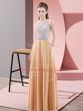Fancy Orange Satin Backless Scoop Sleeveless Floor Length Prom Dresses Beading